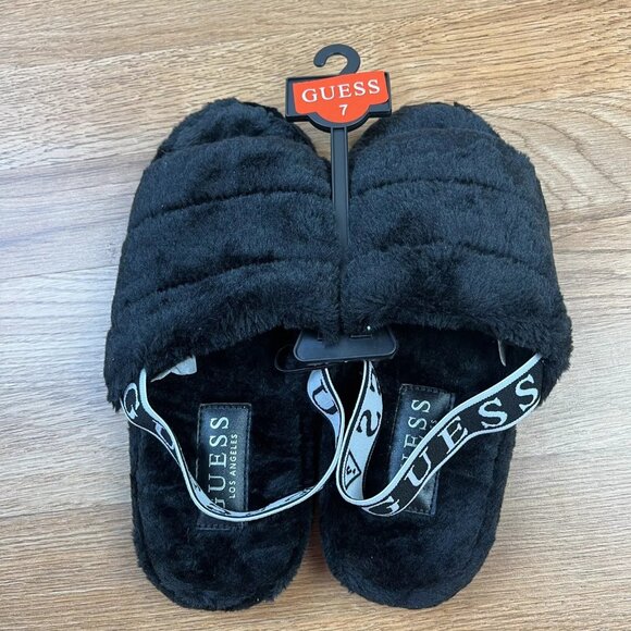 Guess Liddie Slippers Slides Faux Fur Black Size 7 Womens NEW - Picture 1 of 9